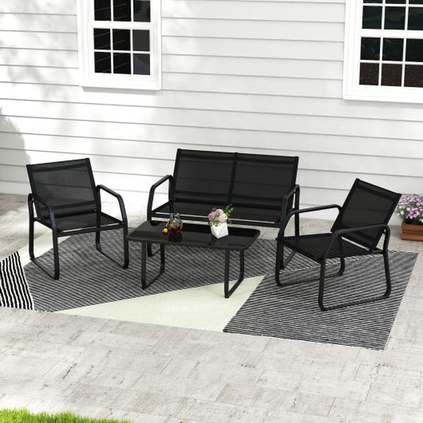 NP11425DK Patio Conversation Set with Breathable Fabric Seat & Tempered Glass Tabletop - Black - 4 Piece