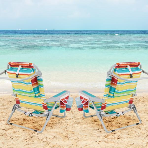 NP11624CS-2 Foldable Backpack Beach Chair with Cup Holder & Storage Pockets - Multi Color - Set of 2