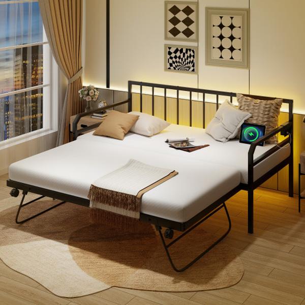 Picture of Costway HU10788US-DK Adjustable Metal Twin Size Daybed with Charging Station & LED Light - Black