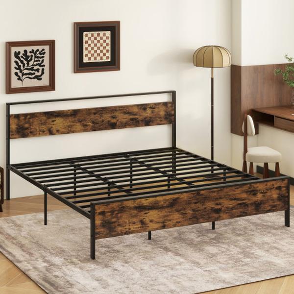 Picture of Costway HU10838CF-K Metal Frame Industrial Platform Bed with Wooden Headboard - King Size