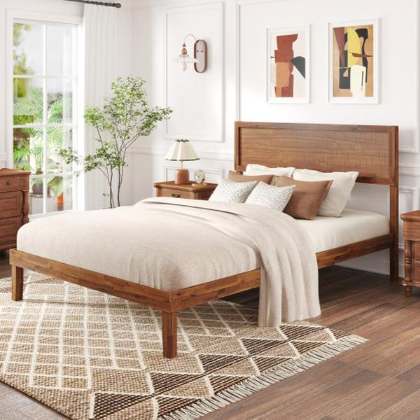 HU10858WN-F Walnut Bed Frame with Headboard & Wooden Slats Support - Full Size