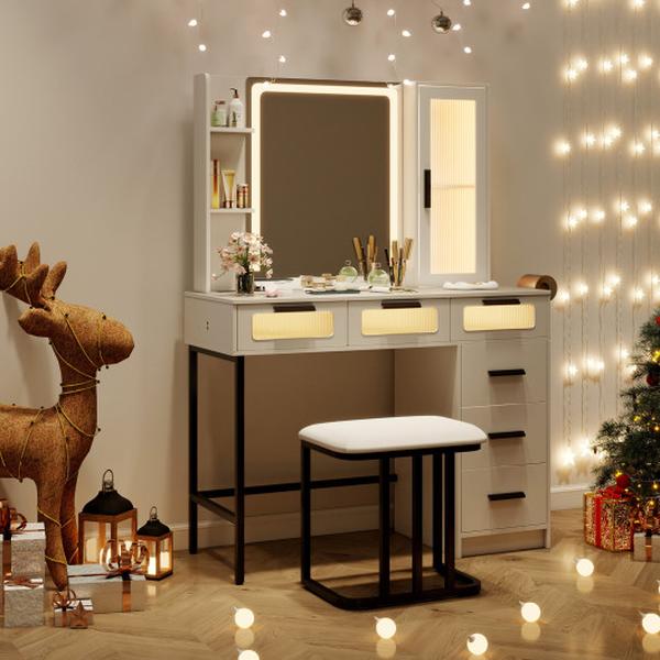 HU10894US-WH Makeup Vanity Desk with 3-Color Induction LED Lights & 6 Drawers - White