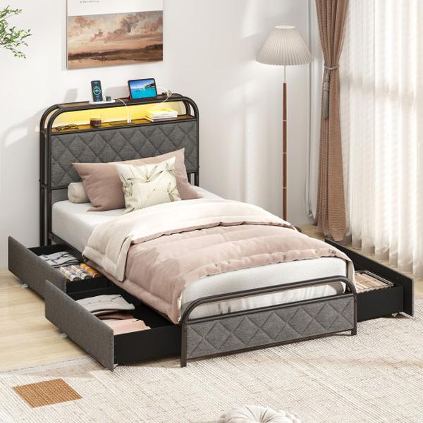 HU10931DK-T Bed Frame with LED Lights & Charging Station, Black - Twin Size