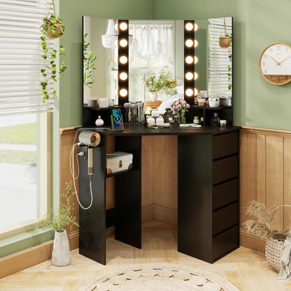 HU10986US-DK- Corner Vanity Desk with 3-Color LED Lighted Mirror & Power Outlet - Black