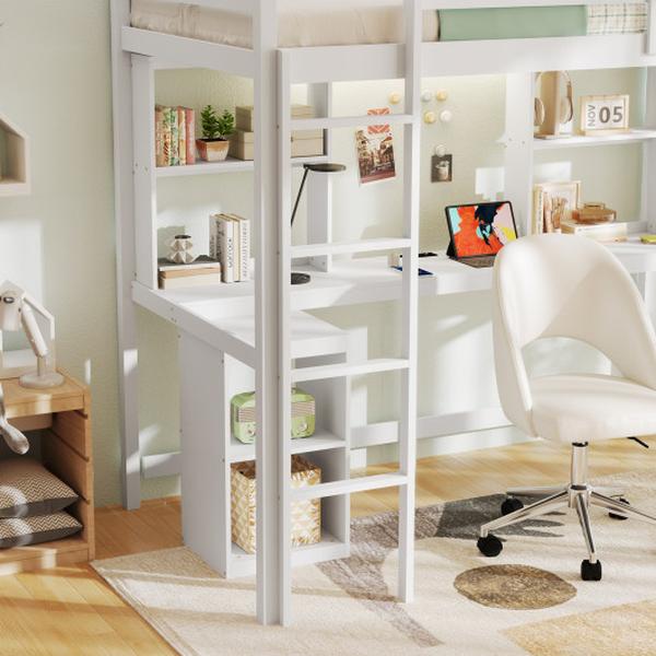 HU11059WH- Twin Size Loft Bed with LED Light & Desk No Box Spring Needed - White