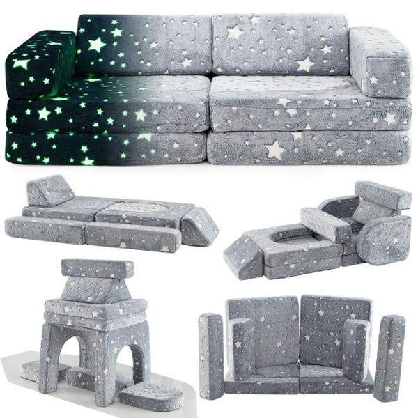 Picture of Costway HV10580HS Glow in the Dark Modular Kids Play Couch Sectional Sofa - Gray - 10 Piece