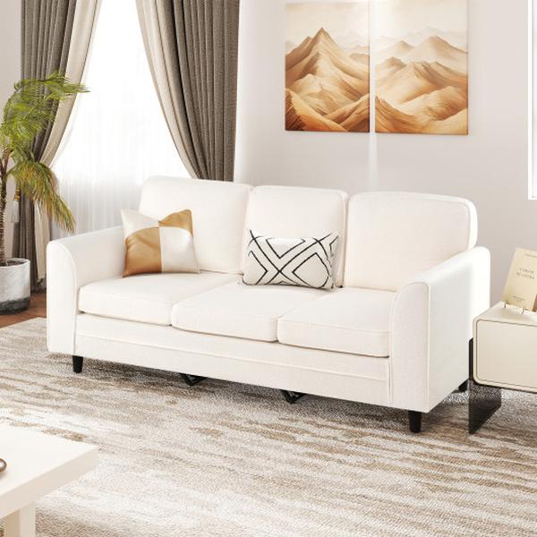 HV10645WH Upholstered Teddy Velvet 3-Seat Sofa with Comfy Back Pillows - White