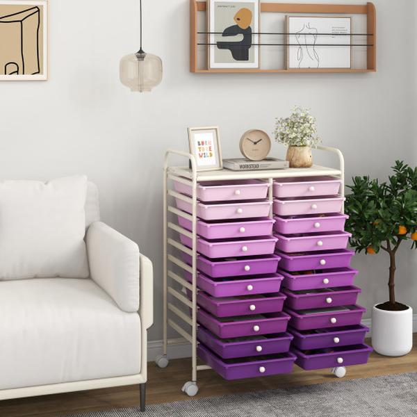 HW56501PU 20 Drawers Rolling Storage Cart Studio Organizer - Purple
