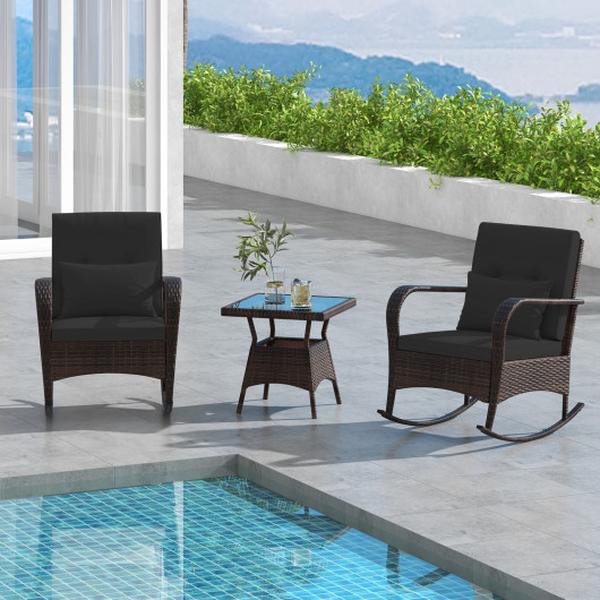 HW71689DK Outdoor Rocking Set with Tempered Glass Coffee Table for Backyard Poolside - Black - 3 Piece