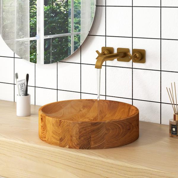 HW72183 16 in. Teak Wood Washbasin with Smooth Finish & Rounded Corners