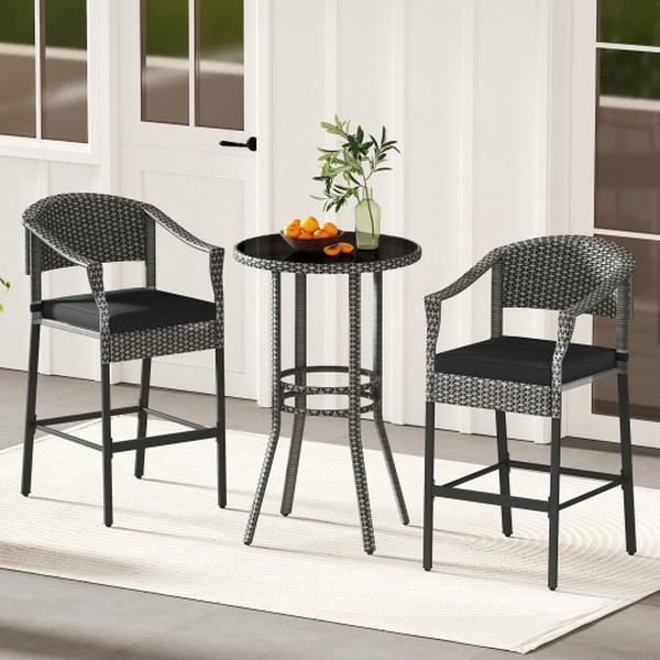 HW72995DK Patio Rattan Bar Set with Tempered Glass Top for Backyard Poolside - Gray - 3 Piece