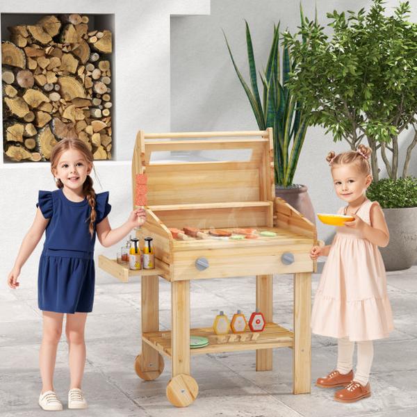 Picture of Costway TP10270NA Kids Wooden Barbecue Grill Pretend Kitchen Playset with Food & Wheels - Natural