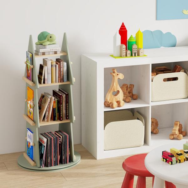 TP10361GN 4 Tier Tree Shape Kids Rotating Bookshelf 360 Deg Display Rack Storage Organizer - Green