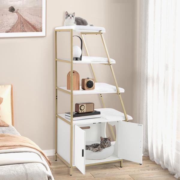 PV10168WH Large Cat Litter Box Enclosure with Storage & Ladder Shelf - White