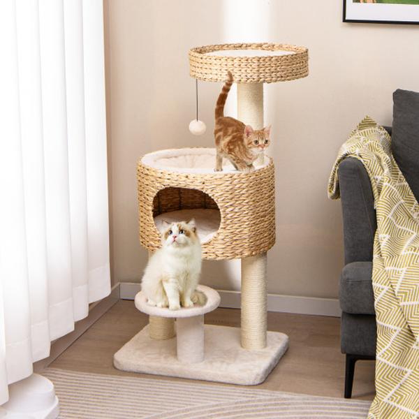 Picture of Costway PV10203NA Modern Cat Tower Tree with Top Perch Cattail Fluff Condo - Natural