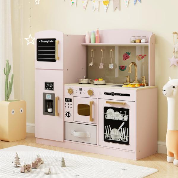 Picture of Costway TM10130PI Wooden Kids Kitchen Playset with Chalkboard Ice Maker Sink Lighted Microwave - Pink