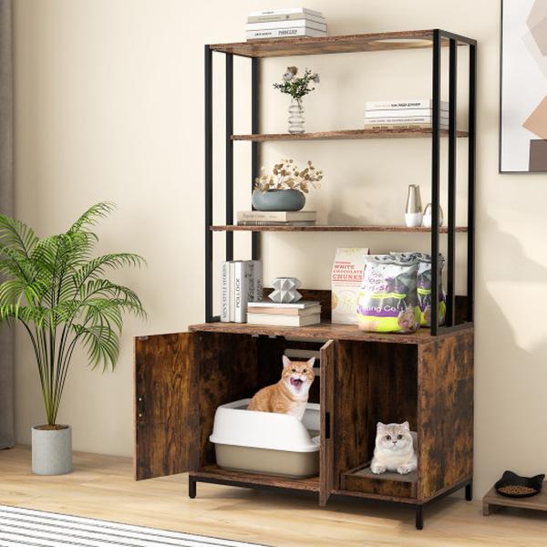 PV10167CF Cat Litter Box Enclosure with Storage & 3-Tier Shelves - Rustic Brown