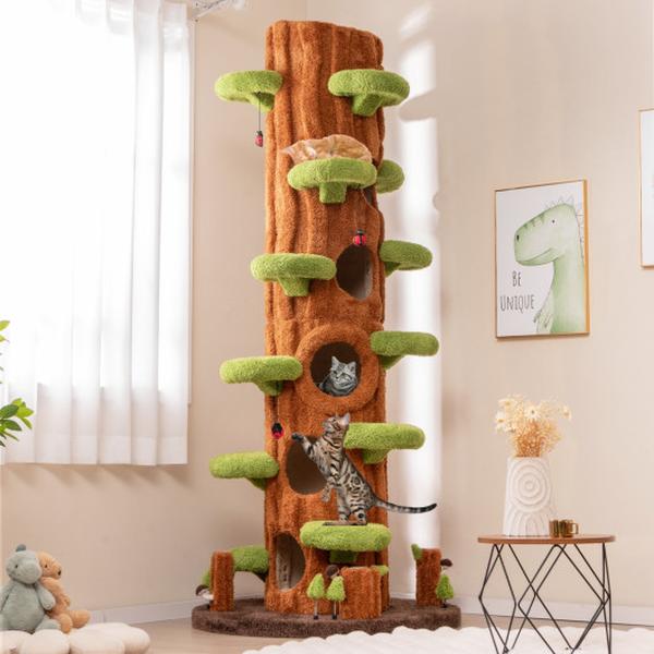 PV10210BN- 90.5 in. Tall Multifunctional Cat Tree with Private Condos for Indoor Cats - Brown
