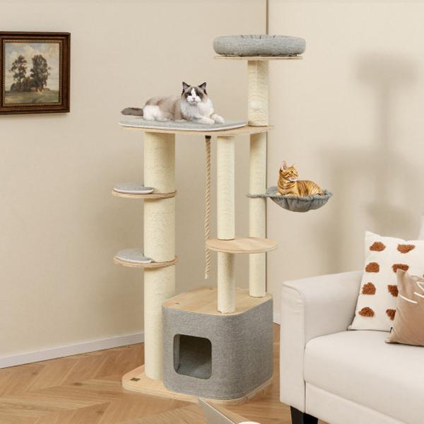 Picture of Costway PV10234GR 63 in. Tall Modern Wooden Cat Tower Tree with Perch Condo Hammock - Gray
