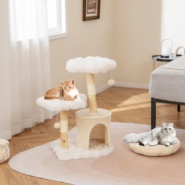 Picture of Costway PV10270BE Cute Solid Wood Tree Natural Branch Modern Flower Cat Tower with Sisal Scratching Posts - Beige
