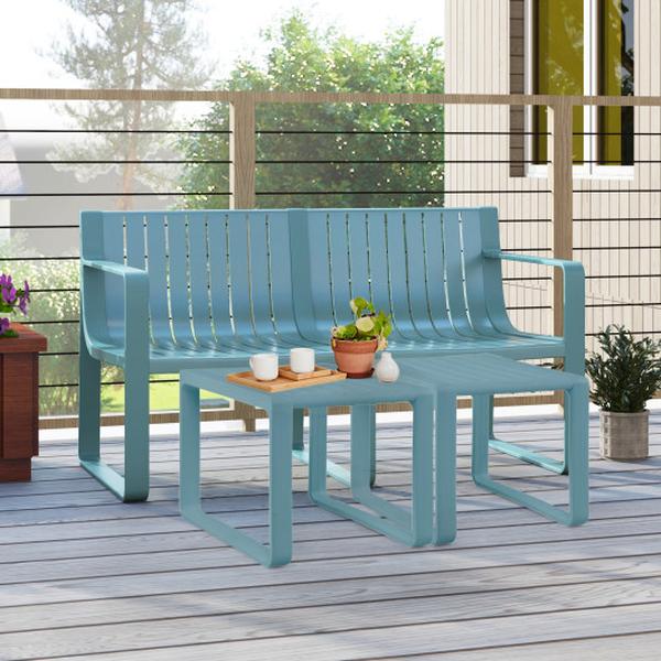 NP11949BL Weather-Resistant Plastic 2-Person Bench with Curved Backrest - Blue