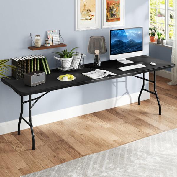 NP11984DK 8 ft. Portable 350 lbs Fold-in-Half Folding Table with HDPE Tabletop - Black