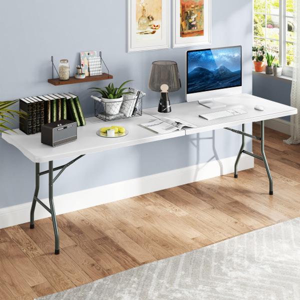 NP11984WH 8 ft. Portable 350 lbs Fold-in-Half Folding Table with HDPE Tabletop - White