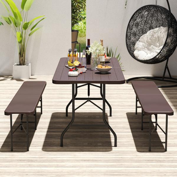 NP11986CF 6 ft. Folding Table with Wood Grain HDPE Tabletop & Safe Lock Mechanism - Brown