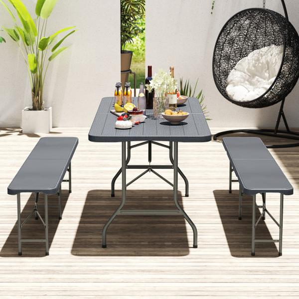 NP11986GR 6 ft. Folding Table with Wood Grain HDPE Tabletop & Safe Lock Mechanism - Gray