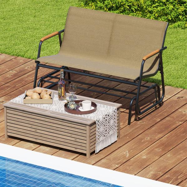 NP12176CF Patio Glider Bench with Curved Teak Armrests & Breathable Fabric Seat for 2 People - Brown