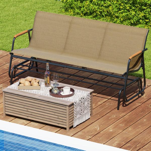 NP12177CF Patio Glider Bench with Curved Teak Armrests & Breathable Fabric Seat for 3 People - Brown