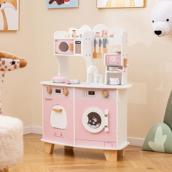 Picture of Costway TM10120PI Wooden Kids Kitchen Playset with Coffee Maker for Kids - Pink