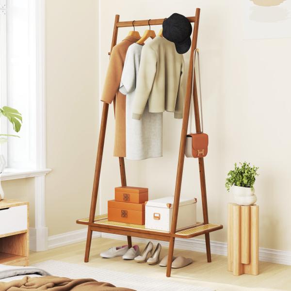 JV11774CF Bamboo Clothes Rack with Hanging Rod Rattan Shelf & Copper Hooks - Brown