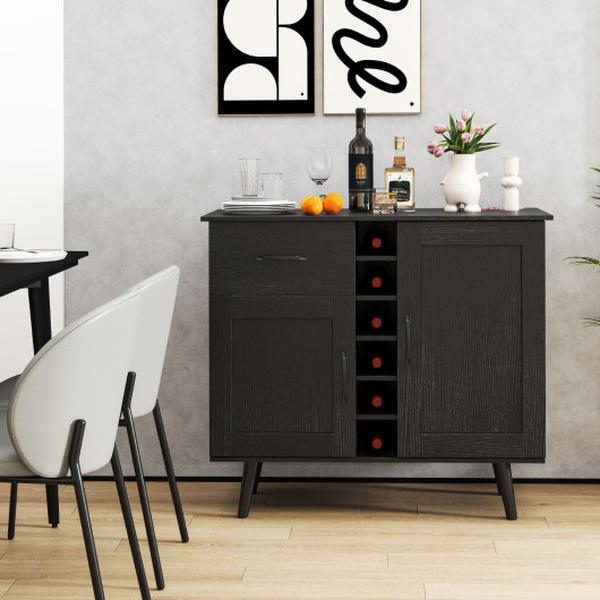 JV11827DK Modern Wine Bar Buffet Cabinet with 6-Bottle Rack - Black
