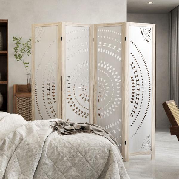 JV12004 66 in. Boho 4-Panel Room Divider Privacy Screen with Carved Pattern