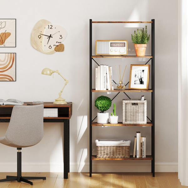 Picture of Costway JV12019CF 5-Tier Bookshelf with Open Shelves & Heavy Duty Metal Frame - Rustic Brown