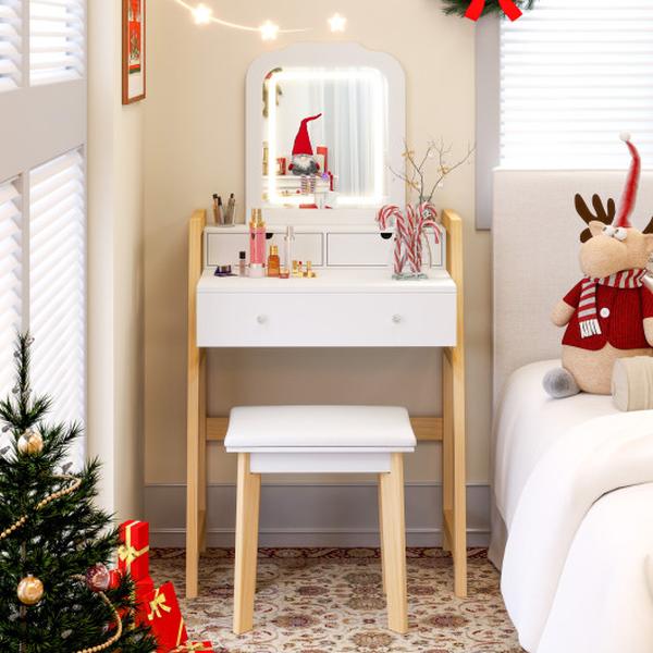 JV12022US-WH Adjustable Height Vanity Desk Set with 3-Color LED Lighted Mirror & Drawers - White