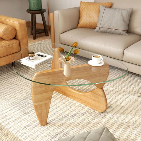 JV12104NA Triangle Coffee Table with Tempered Glass Top & Adjustable Rubber Wood Base - Natural