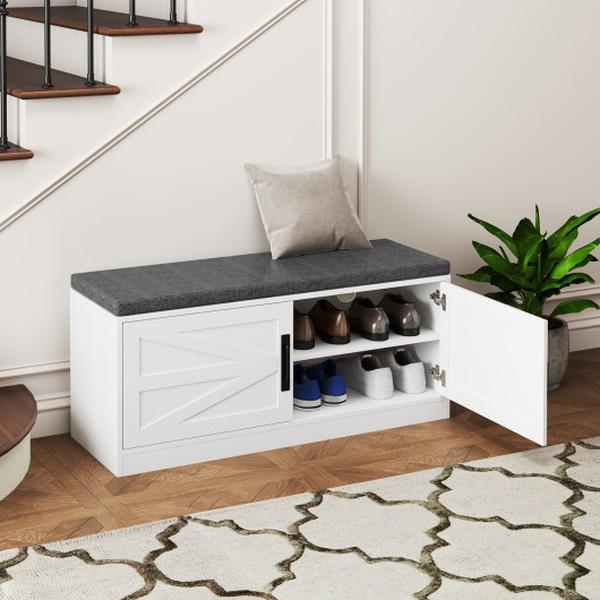 JV12112WH Shoe Bench with Cushion Farmhouse Rack Organizer & 2 Barn Doors - White