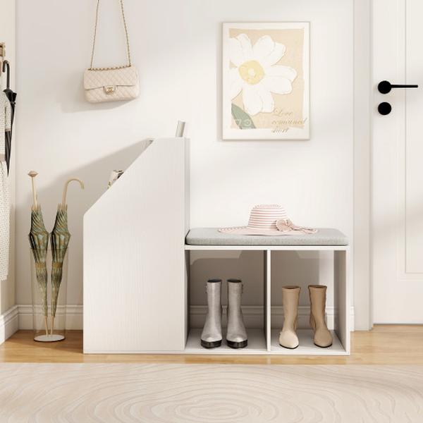 JV12124WH Shoe Storage Bench with Removable Seat Cushion & 6 Compartments - White