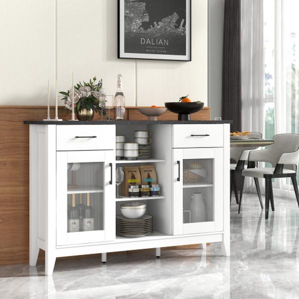 JV12163WH Sideboard Buffet Cabinet with 2 Drawers & 4 Adjustable Shelves - White