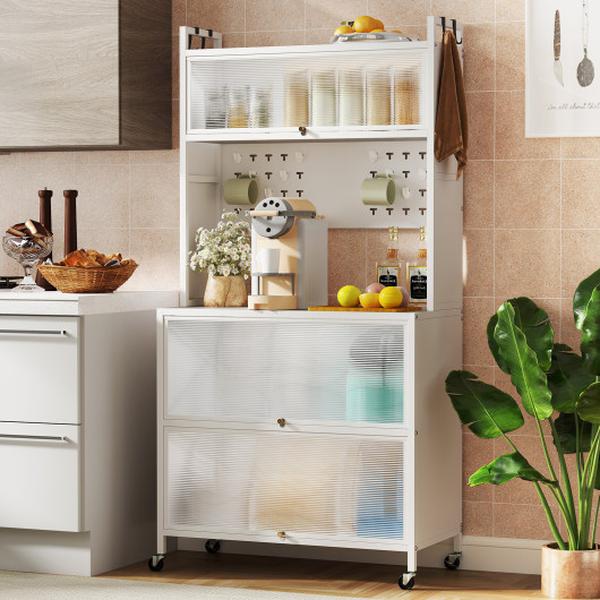 Picture of Costway JV12280WH 5 Tier Kitchen Bakers Rack with Lights Multifunctional Microwave Stand & Flip Door Cabinets - White