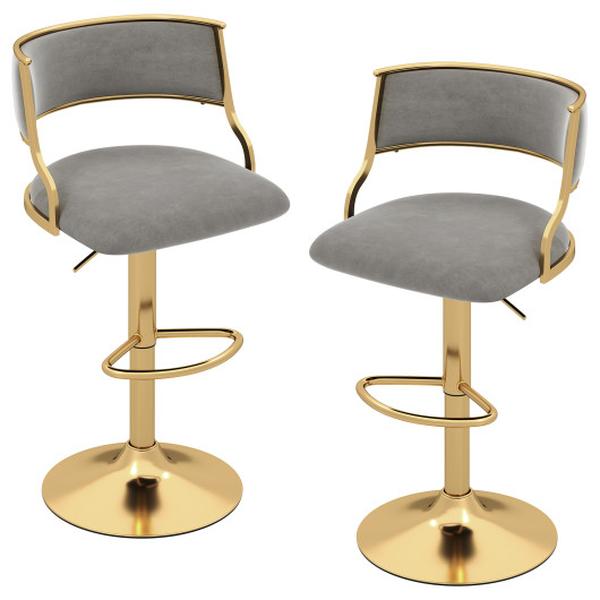 JV12378GR-2 Dutch Velvet Height Adjustable Island Swivel Bar Stools - Gray - Set of 2