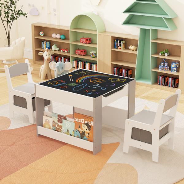 HY10282GR 4 in 1 Kids Toddler Activity Table & Chairs Set with Reversible Tabletop - Gray