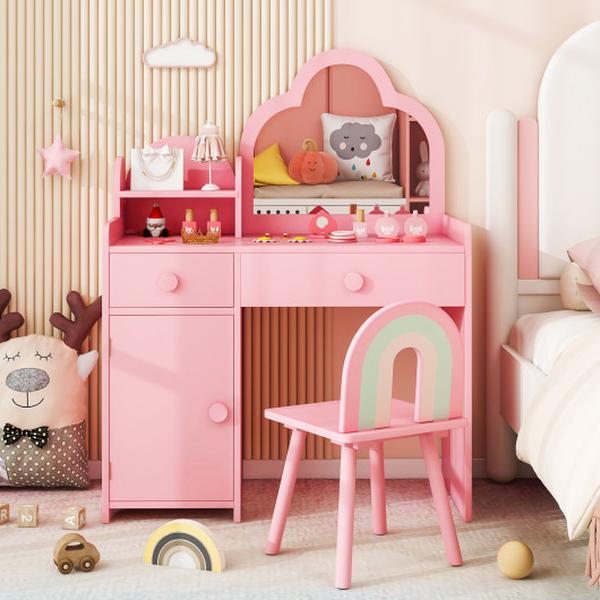 Picture of Costway HY10304PI Kids Vanity Table & Chair Set with Cloud-Shaped Mirror & Open Shelf - Pink