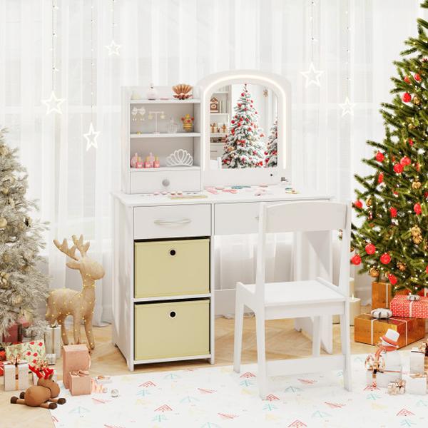 HY10379WH Kids Lighted Mirror Makeup Desk & Chair Vanity Set with Drawers - White