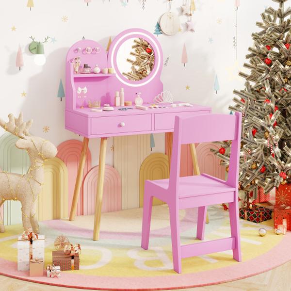 HY10380PI Kids Princess Makeup Dressing Desk & Chair Set with Mirror & Lights - Pink