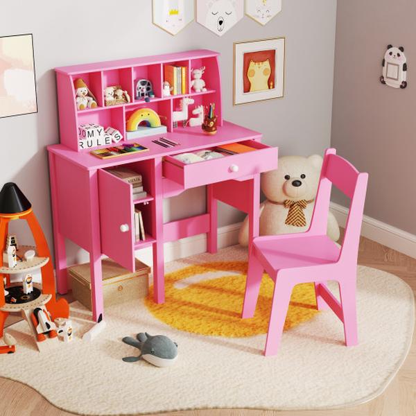 HY10382PI Kids Study Desk & Chair Set with Hutch & Storage Cabinet for 3 & Up Years Old - Pink