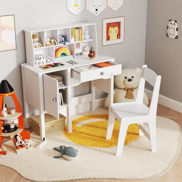 HY10382WH Kids Study Desk & Chair Set with Hutch & Storage Cabinet for 3 & Up Years Old - White