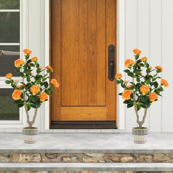 HZ10313OR-2 36 in. Artificial Camellia Tree with Blooming Flower - Orange - Pack of 2